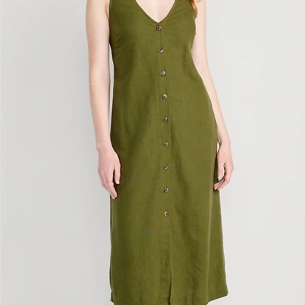 Sleeveless Button-Front Linen-Blend Maxi Shift Dress